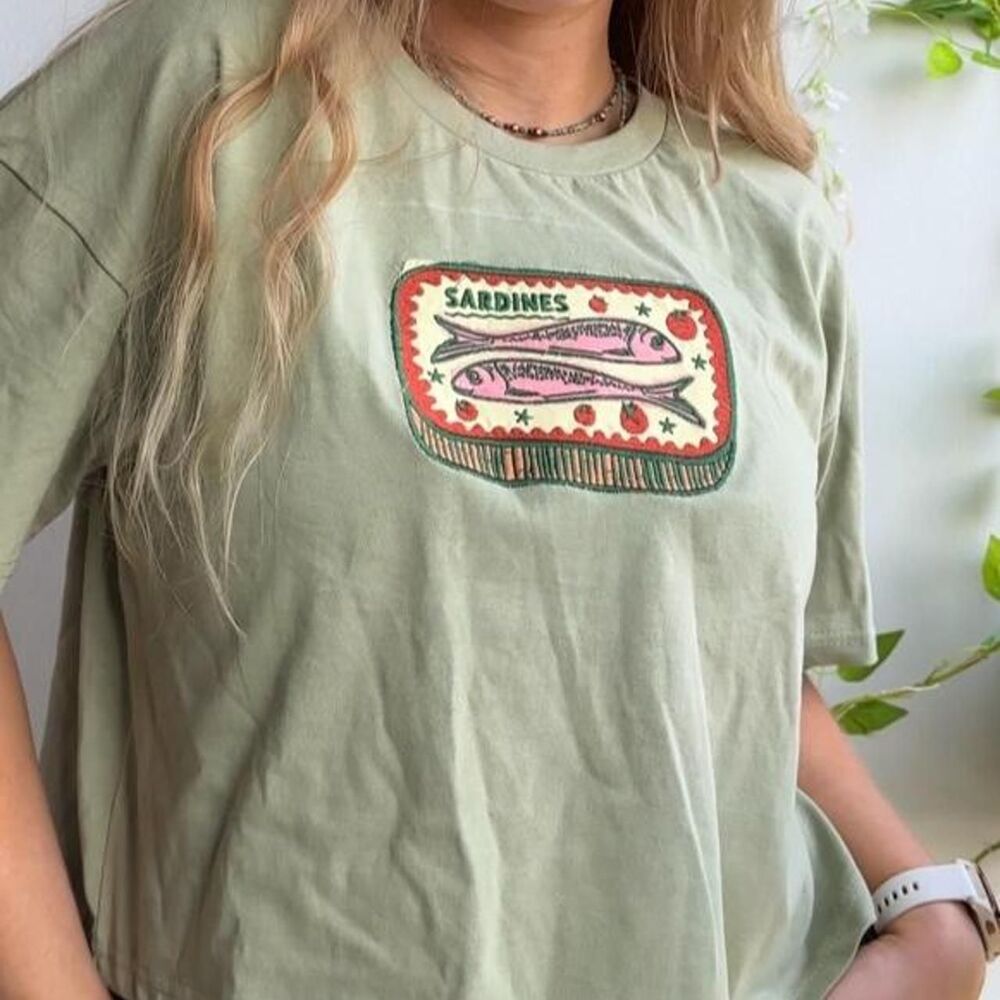 NWT Matcha Green 100% cotton retro sardine can patchwork embroidered crop tee